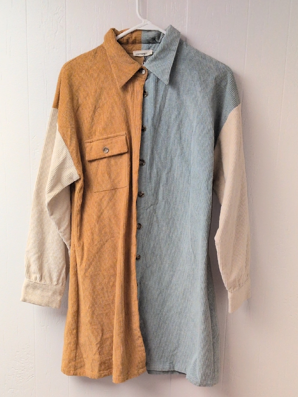 Two-Tone Corduroy Button-Up Shirt Dress in Mustard & Light Blue